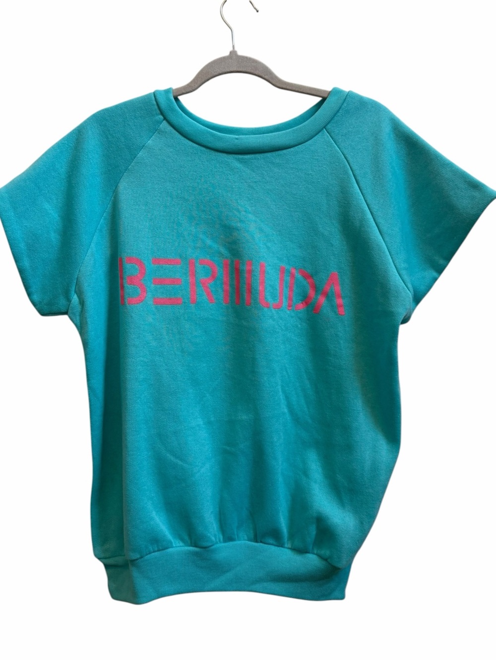 Vintage Bermuda Sweatshirt 80s Teal Pink Short Sleeve Raglan Adult Large NEW